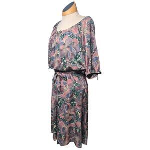 Vtg 1970s Dusty Purple Floral Gathered Sleeve Blouson Top Knee Length Dress 12